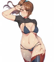 Rule 34 | 10s, 1girl, beatrix (granblue fantasy), bikini, blush, breasts, brown eyes, brown hair, cameltoe, covered erect nipples, curvy, granblue fantasy, highres, katsudansou, long hair, looking at viewer, medium breasts, navel, one eye closed, ponytail, smile, solo, sweat, swimsuit, thick thighs, thighhighs, thighs, v, wide hips