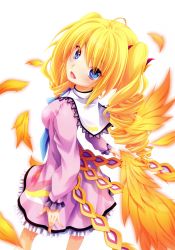 Rule 34 | 10s, 1girl, :d, absurdres, blonde hair, blue eyes, dress, drill hair, feathers, high school dxd, highres, long hair, miyama-zero, open mouth, ravel phenex, simple background, smile, solo, twin drills, twintails, wings