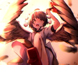 Rule 34 | 1girl, arm up, bad id, bad pixiv id, black hair, black neckwear, black skirt, black wings, eyebrows, feathered wings, feathers, from below, geta, highres, legs, looking at viewer, mozuno (mozya 7), neckwear request, open clothes, pom pom (clothes), puffy short sleeves, puffy sleeves, shameimaru aya, shirt, short hair, short sleeves, skirt, smile, solo, teeth, tengu, tengu-geta, touhou, upper teeth only, white shirt, wings