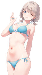 Rule 34 | 1girl, ;p, bikini, blue bikini, blue eyes, blue nails, breasts, commentary, fingernails, gin00, highres, idolmaster, idolmaster shiny colors, looking at viewer, medium breasts, nail polish, navel, one eye closed, serizawa asahi, short hair, short twintails, side-tie bikini bottom, simple background, solo, stomach, swimsuit, tongue, tongue out, twintails, white background