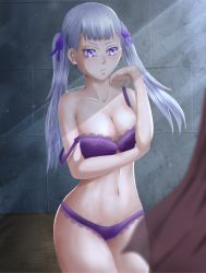 Rule 34 | 1girl, bare shoulders, belly, black clover, blush, bra, bra lift, breasts, cleavage, collarbone, colored skin, highres, jimschteiger, large breasts, lips, long hair, looking at viewer, navel, noelle silva, panties, purple bra, purple eyes, purple panties, signature, silver hair, standing, thighs, twintails, underwear, underwear only, white skin