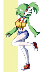 Rule 34 | 1girl, absurdres, bare shoulders, blue shorts, breasts, cleavage, clothed pokemon, collarbone, colored skin, cosplay, creatures (company), crop top, denim, denim shorts, female focus, full body, game freak, gardevoir, gen 3 pokemon, green hair, green skin, hair over one eye, hair tie, happy, highres, holding, holding poke ball, large breasts, leg up, looking at viewer, lucyfer, midriff, misty (pokemon), misty (pokemon) (cosplay), multicolored skin, navel, nintendo, open mouth, poke ball, poke ball (basic), pokemon, pokemon (anime), pokemon (classic anime), red eyes, red footwear, shiny skin, shirt, shoes, short hair, short shorts, shorts, side ponytail, simple background, sleeveless, sleeveless shirt, smile, solo, standing, standing on one leg, suspenders, two-tone background, two-tone skin, white skin, yellow shirt