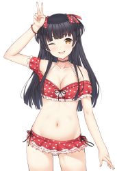 Rule 34 | 1girl, ;d, arm up, bikini, black hair, black ribbon, blush, brown eyes, commentary request, fingernails, groin, heart, heart print, highres, idolmaster, idolmaster shiny colors, long hair, looking at viewer, mayuzumi fuyuko, navel, off shoulder, one eye closed, open mouth, print bikini, puffy short sleeves, puffy sleeves, red bikini, ribbon, seventeen (st17215), short sleeves, simple background, smile, solo, stomach, swimsuit, thighs, two side up, v, white background