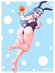 Rule 34 | 1girl, absurdres, animal ears, ass, bare shoulders, barefoot, bent over, black leotard, blue eyes, blue hair, blue nails, bow, bowtie, breasts, bulma, cleavage, dragon ball, fake animal ears, feet, from behind, highres, leotard, lewdsaiga, long hair, looking at viewer, looking back, nail polish, open mouth, playboy bunny, polka dot, rabbit ears, rabbit tail, shiny skin, simple background, smile, soles, solo, strapless, tail, thighs, wrist cuffs