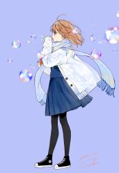 Rule 34 | 1girl, absurdres, black footwear, black pantyhose, blue background, blue jacket, blue scarf, blue shirt, blue skirt, blush, brown hair, bubble, blowing bubbles, closed mouth, commentary request, converse, dated, from side, full body, highres, holding, jacket, open clothes, open jacket, original, pantyhose, pleated skirt, red eyes, sako (35s 00), scarf, school uniform, shirt, shoes, short hair, signature, simple background, skirt, smile, sneakers, solo, standing