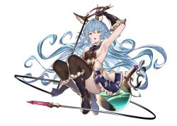 Rule 34 | 1girl, absurdres, animal ears, arm up, armpits, backless dress, backless outfit, black footwear, black gloves, black thighhighs, blue hair, blue skirt, boots, breasts, dress, elbow gloves, erune, ferry (granblue fantasy), flask, frilled gloves, frills, gloves, granblue fantasy, hair between eyes, highres, holding, holding whip, jikatarou, knee boots, long hair, looking at viewer, medium breasts, open mouth, rabbit ears, round-bottom flask, sideboob, simple background, skirt, solo, thighhighs, thighhighs under boots, very long hair, wavy hair, whip, white background, yellow eyes