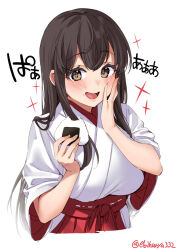 Rule 34 | 1girl, akagi (kancolle), blush, breasts, brown eyes, brown hair, drawing, ebifurya, food, food on face, hakama, hand on own face, highres, holding, holding food, japanese clothes, kantai collection, kimono, large breasts, long hair, long sleeves, looking at viewer, nontraditional miko, one-hour drawing challenge, onigiri, open mouth, rice, simple background, solo, sparkle, sparkling eyes, straight hair, tongue, upper body, white background, wide sleeves