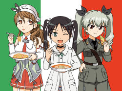 Rule 34 | 10s, 3girls, anchovy (girls und panzer), black hair, black shirt, blouse, blue panties, bowl, brown eyes, brown hair, choker, commentary request, cowboy shot, detached sleeves, dress shirt, drill hair, flag background, food, fork, francesca lucchini, girls und panzer, green eyes, green hair, grey jacket, grey pants, hair ribbon, highres, holding, holding food, holding riding crop, hoshino banchou, italian flag, italy, jacket, kantai collection, littorio (kancolle), long hair, long sleeves, looking at viewer, military, military uniform, miniskirt, multiple girls, necktie, no pants, no pupils, open mouth, panties, pants, parted lips, pasta, pizza, pleated skirt, red eyes, red skirt, ribbon, riding crop, risotto, shirt, shoulder belt, side-by-side, skirt, sleeveless, smile, spaghetti, spoon, standing, strike witches, striped clothes, striped panties, tomato bisque, trait connection, twin drills, twintails, underwear, uniform, white jacket, white shirt, world witches series