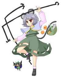 Rule 34 | 2girls, animal ears, basket, black wings, brooch, dragon ball, dragon ball (object), female focus, flying, full body, gem, jewelry, leg up, mouse ears, mouse tail, multiple girls, nazrin, parody, red eyes, reiuji utsuho, simple background, standing, standing on one leg, sweatdrop, tail, touhou, urushi, white background, wings