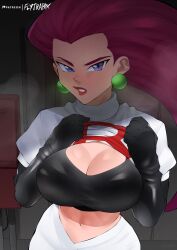 Rule 34 | 1girl, black gloves, black sports bra, blue eyes, blush, breasts, clothes lift, commentary, creatures (company), earrings, elbow gloves, english commentary, flashing, flytrapxx, forehead, game freak, gloves, hair slicked back, highres, indoors, jessie (pokemon), jewelry, large breasts, lifted by self, lipstick, long hair, looking at viewer, makeup, midriff, navel, nintendo, pokemon, pokemon (anime), pokemon (classic anime), purple hair, red lips, shirt lift, single letter, skirt, solo, sports bra, team rocket, team rocket uniform, toned, white skirt