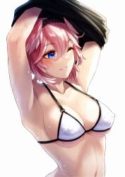 Rule 34 | 1girl, armpits, arms up, black shirt, blue eyes, blush, bra, breasts, cleavage, collarbone, commentary request, curvy, hair between eyes, hairband, head wings, highres, hololive, holox, looking to the side, medium breasts, navel, one eye closed, parted lips, pink hair, shirt, short hair, simple background, smile, solo, stomach, supa 9 rou, sweat, takane lui, underwear, undressing, upper body, virtual youtuber, white background, white bra, wings