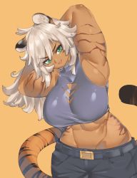 Rule 34 | &gt;:), 1girl, abs, animal ears, armpits, arms behind head, arms up, belt, breasts, cleavage cutout, clothing cutout, commission, curvy, dark-skinned female, dark skin, fang, green eyes, head tilt, large breasts, long hair, lowleg, lowleg pants, midriff, muscular, muscular female, open mouth, orange background, original, pants, pincerpencil, simple background, smile, solo, sports bra, striped, tail, thick arms, tiger ears, tiger girl, tiger stripes, tiger tail, v-shaped eyebrows, white hair, wide hips