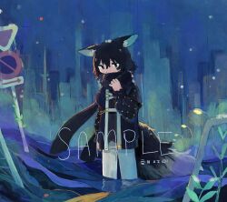 Rule 34 | 1boy, absurdres, animal ear fluff, animal ears, black eyes, black hair, black jacket, black scarf, black shirt, city, commentary request, commission, floating scarf, flood, fox boy, fox ears, fox tail, hair between eyes, highres, jacket, long bangs, long scarf, long sleeves, looking at viewer, male focus, mamei mema, medium hair, night, open clothes, open jacket, original, outdoors, pants, plant, road sign, sample watermark, scarf, shirt, sign, skeb commission, solo, standing, tail, wading, water, watermark, white pants