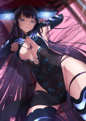 Rule 34 | 1girl, armpits, bare shoulders, black dress, black gloves, black headwear, black thighhighs, blue eyes, blunt bangs, blush, breasts, center opening, dearonnus, dress, elbow gloves, fate/grand order, fate (series), gloves, highres, large breasts, long hair, looking at viewer, purple hair, solo, thighhighs, thighs, very long hair, yang guifei (fate), yang guifei (third ascension) (fate)