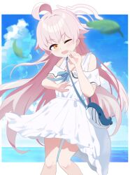 Rule 34 | 1girl, absurdres, bag, blue archive, blush, cloud, cloudy sky, dress, fang, feet out of frame, hair between eyes, halo, highres, homulily, hoshino (blue archive), leaf, long hair, official alternate costume, one eye closed, open mouth, pink hair, pink halo, shoulder bag, sky, sleeveless, sleeveless dress, solo, white dress, yellow eyes