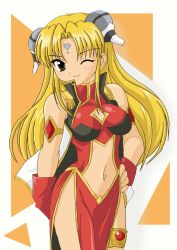 Rule 34 | 00s, 1girl, blonde hair, blush, brown eyes, cleavage cutout, clothing cutout, facial mark, forehead mark, galaxy angel, gloves, hand on own hip, long hair, looking at viewer, navel cutout, one eye closed, pelvic curtain, ranpha franboise, side slit, simple background, smile, solo, very long hair, wink