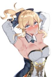 Rule 34 | 1girl, armpits, arms up, bad id, bad pixiv id, blonde hair, blush, bow, breasts, cleavage, collar, detached collar, detached sleeves, genshin impact, grey eyes, hair between eyes, hair bow, highres, hukii, jean (genshin impact), looking at viewer, medium breasts, ponytail, sidelocks, simple background, solo, sweat, upper body, white background