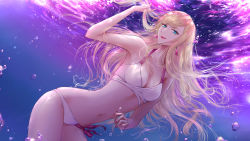 Rule 34 | 1girl, aqua eyes, bikini, blonde hair, breasts, cleavage, closed mouth, earrings, filha, gigi andalusia, gundam, gundam hathaway&#039;s flash, hand in own hair, highres, jewelry, lips, long hair, looking at viewer, medium breasts, nail polish, navel, red lips, red nails, smile, solo, swimsuit, underwater, upper body, water, water drop, white bikini