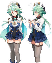 Rule 34 | 1girl, absurdres, anemo (genshin impact), animal ears, beret, blue dress, blush, breasts, cat ears, commentary, dress, duplicate, english commentary, genshin impact, glasses, green hair, hat, highres, large breasts, long hair, long sleeves, looking at viewer, multiple views, orange eyes, ormille, semi-rimless eyewear, simple background, sucrose (genshin impact), thighhighs, thighs, vision (genshin impact), white background