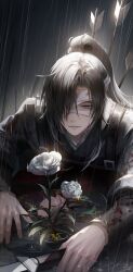 Rule 34 | 1boy, absurdres, arrow (projectile), black hair, blood, blood on clothes, eyepatch, flower, grey eyes, highres, hua cheng, long hair, long sleeves, male focus, spoilers, tianguan cifu, very long hair, white flower, young57440489