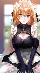 Rule 34 | 1girl, apron, bad id, bad twitter id, blonde hair, blue eyes, blurry, blurry background, breasts, chain, cleavage, collar, commentary request, day, elbow gloves, fate/grand order, fate (series), gloves, hair between eyes, highres, hominamia, jeanne d&#039;arc (fate), jeanne d&#039;arc (ruler) (fate), large breasts, long hair, looking at viewer, maid, maid apron, maid headdress, open mouth, sitting, solo, thighhighs, window