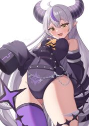 Rule 34 | 1girl, adapted costume, ahoge, bare shoulders, black leotard, blush, breasts, cameltoe, commentary request, covered navel, cowboy shot, demon horns, detached sleeves, gluteal fold, grey hair, hair between eyes, hashira 14, highleg, highleg leotard, highres, hololive, horns, la+ darknesss, leotard, long hair, looking at viewer, looking down, medium breasts, multicolored hair, open mouth, paid reward available, pointy ears, purple hair, purple thighhighs, simple background, single thighhigh, sleeves past fingers, sleeves past wrists, smile, solo, strapless, strapless leotard, streaked hair, thighhighs, thighs, two-tone hair, very long hair, virtual youtuber, white background, yellow eyes
