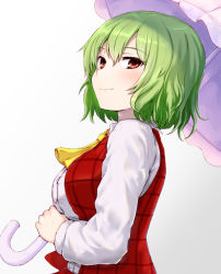 Rule 34 | 1girl, ascot, blush, breasts, commentary request, gradient background, green hair, grey background, hair between eyes, holding, holding umbrella, kazami yuuka, large breasts, long sleeves, looking at viewer, partial commentary, pink umbrella, red eyes, red vest, shirt, short hair, smile, solo, tac, touhou, umbrella, upper body, vest, white background, white shirt, yellow ascot