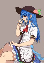 Rule 34 | 1boy, 1girl, bald, blue hair, blush, cunnilingus, food, frills, fruit, hand on head, hat, hetero, highres, hinanawi tenshi, kani, long hair, looking at another, nail polish, open mouth, oral, peach, puffy sleeves, red eyes, ribbon, short sleeves, simple background, sitting, touhou