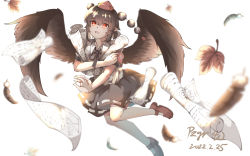 Rule 34 | 1girl, absurdres, artist name, black hair, black skirt, black wings, dated, falling leaves, feathers, highres, holding, holding newspaper, leaf, newspaper, non-web source, open mouth, pom pom (clothes), red eyes, red footwear, red headwear, shameimaru aya, shirt, short hair, short sleeves, skirt, solo, touhou, white background, white shirt, wings
