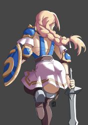 Rule 34 | 1girl, armor, ass, automatic giraffe, blonde hair, boots, braid, from behind, head out of frame, highres, shield, shoulder armor, skirt, sophitia alexandra, soul calibur, sword, weapon