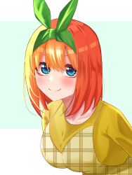 Rule 34 | 1girl, airo, alternate costume, apron, aqua background, blue eyes, blush, breasts, c:, casual, closed mouth, collarbone, commentary request, double-parted bangs, eyebrows hidden by hair, eyelashes, go-toubun no hanayome, green ribbon, hair between eyes, hair ribbon, highres, large breasts, leaning forward, looking at viewer, medium hair, nakano yotsuba, orange hair, plaid, plaid apron, ribbon, shirt, simple background, smile, solo, straight hair, two-tone background, upper body, white background, yellow apron, yellow shirt