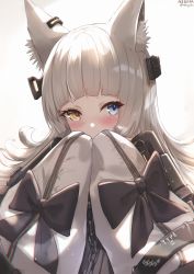 Rule 34 | 1girl, absurdres, animal ear fluff, animal ears, artist name, black bow, blue eyes, blunt bangs, blush, bow, cat ears, cat girl, chain, commentary, covering own mouth, english commentary, hair ornament, heterochromia, highres, long hair, long sleeves, looking away, mole, mole under eye, nekoya (liu), original, sideways glance, simple background, sleeves past fingers, sleeves past wrists, solo, twitter username, upper body, white background, white hair, yellow eyes