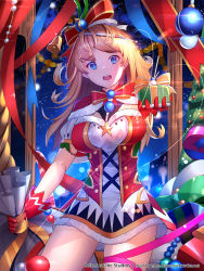 Rule 34 | 1girl, bell, blue eyes, breasts, brown hair, capelet, christmas, commentary, copyright name, dress, english commentary, eternal wars, fur trim, gift, gloves, hair ribbon, highres, jingle bell, long hair, medium breasts, official art, red gloves, ribbon, sack, short dress, solo, sysen, watermark, web address
