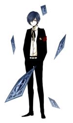 Rule 34 | 1boy, armband, atlus, blue eyes, blue hair, bow, card, full body, image sample, male focus, matching hair/eyes, md5 mismatch, persona, persona 3, resized, ribbon, school uniform, simple background, smile, solo, tumblr sample, uniform, white background, yuuki makoto (persona 3)