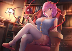 Rule 34 | 1girl, adapted costume, aged up, bare shoulders, blue shirt, blush, book, bookshelf, breasts, chair, cleavage, collarbone, crossed legs, feet out of frame, hair between eyes, hair ornament, hairband, heart, heart hair ornament, highres, indoors, komeiji satori, large breasts, looking at viewer, pink eyes, pink hair, pink skirt, sebu illust, shirt, short hair, sitting, skirt, solo, thighhighs, thighs, third eye, touhou, white thighhighs