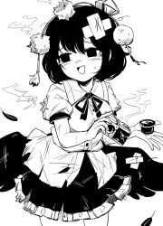 Rule 34 | 1girl, bandaid, bandaid on head, bandaid on wing, black hair, black ribbon, black skirt, black wings, broken, camera, cowboy shot, feathered wings, feathers, greyscale, hat, highres, holding, holding camera, maguro (mawaru sushi), monochrome, neck ribbon, open mouth, pom pom (clothes), ribbon, scratches, shameimaru aya, shirt, short hair, short sleeves, simple background, skirt, smile, solo, tearing up, tokin hat, torn clothes, torn shirt, torn skirt, touhou, white background, white shirt, wings
