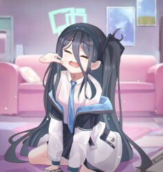Rule 34 | absurdres, aqua halo, aris (blue archive), black hair, black hairband, black skirt, blue archive, blue necktie, cheek pinching, closed eyes, collared shirt, commentary, couch, hair ornament, hairband, halo, highres, jacket, jacket partially removed, long hair, long hair between eyes, long sleeves, necktie, one side up, open mouth, pinching, randomcatbox, rectangular halo, shirt, sitting, skirt, very long hair, white jacket, white shirt