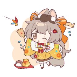 Rule 34 | 1girl, animal, animal ear fluff, animal ears, artist request, bird, blush, bow, bowtie, brown eyes, brown hair, chibi, floral print, flower, flying sweatdrops, full body, fur-trimmed kimono, fur trim, hagoita, hair bow, hair flower, hair ornament, hairclip, holding, japanese clothes, kimono, long hair, long sleeves, looking at viewer, one eye closed, original, paddle, pantyhose, rabbit ears, red bow, red flower, short eyebrows, shorts, solo, squirrel (jjjjmmn err), standing, standing on one leg, tail, thick eyebrows, very long hair, white background, white pantyhose, wide sleeves, yellow kimono