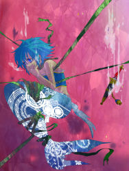 Rule 34 | 10s, 1girl, adapted costume, bare shoulders, blue eyes, blue hair, bound, covering face, covering own mouth, covering privates, dagger, from side, knife, mahou shoujo madoka magica, mahou shoujo madoka magica (anime), matching hair/eyes, mermaid, miki sayaka, monster girl, musical note, oktavia von seckendorff, pegasasuko, pink background, ribbon, short hair, solo, soul gem, spoilers, strapless, tied up (nonsexual), tube top, weapon