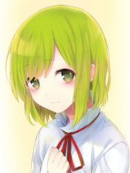 Rule 34 | 1girl, aged down, blouse, frown, green eyes, green hair, high collar, hutuumikan, kagerou project, kido tsubomi, long hair, matching hair/eyes, necktie, red necktie, shirt, simple background, solo, vocaloid, white background, white shirt