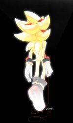 1boy animal_ears black_background dexter308917 floating from_behind full_body furry furry_male gloves hashtag-only_commentary highres male_focus shadow_the_hedgehog shoes simple_background solo sonic_(series) string string_of_fate super_shadow tail white_gloves