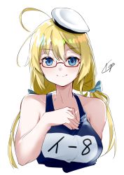 Rule 34 | 1girl, absurdres, bad id, bad pixiv id, blonde hair, blue eyes, blue one-piece swimsuit, breasts, hat, highres, i-8 (kancolle), kantai collection, large breasts, looking at viewer, low twintails, name tag, one-piece swimsuit, peaked cap, red-framed eyewear, school swimsuit, semi-rimless eyewear, simple background, solo, sui (sui27shika), swimsuit, twintails, under-rim eyewear, upper body, white background