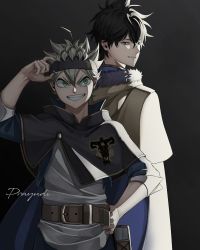 Rule 34 | 2boys, absurdres, artist name, asta (black clover), bag, black background, black clover, black hair, book, cape, capelet, feet out of frame, green eyes, grey hair, hand on headwear, hand on own hip, headband, highres, leather, leather belt, light, light rays, looking at another, male focus, multiple boys, prayudi555, shirt, signature, simple background, smile, spiked hair, teeth, yellow eyes, yuno (black clover)