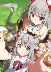 Rule 34 | 2girls, absurdres, aged down, animal ears, braid, cat ears, chest jewel, circle3070, core crystal (xenoblade), ear covers, facial mark, grass, grey hair, highres, lap pillow, leotard, long hair, looking at viewer, low twintails, mio (xenoblade), mother and daughter, multiple girls, nia (blade) (xenoblade), nia (xenoblade), outstretched arms, single braid, smile, twintails, very long hair, xenoblade chronicles (series), xenoblade chronicles 2, xenoblade chronicles 3, yellow eyes