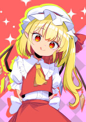 Rule 34 | 1girl, arms behind back, ascot, blonde hair, blush, closed mouth, collared shirt, crystal, flandre scarlet, frilled shirt collar, frills, harakune (mugennero), hat, highres, long hair, mob cap, pointy ears, red eyes, red skirt, red vest, shirt, skirt, smile, solo, tongue, tongue out, touhou, vest, white hat, white shirt, wings, yellow ascot