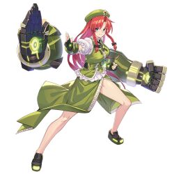 1girl beret black_bow blue_eyes bow braid closed_mouth collared_shirt fighting_stance gauntlets green_hat green_skirt green_vest hair_bow hat hat_ornament hong_meiling long_hair looking_at_viewer multiple_hair_bows official_art red_hair science_fiction shirt shoes side_slit skirt smile solo star_(symbol) star_hat_ornament takamine_nadare thighs touhou transparent_background twin_braids valkyrie_of_phantasm very_long_hair vest white_shirt