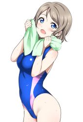 Rule 34 | 10s, 1girl, bare shoulders, blue eyes, blue one-piece swimsuit, blush, breasts, brown hair, commentary request, competition swimsuit, covered navel, drying, groin, highleg, highleg swimsuit, highres, looking at viewer, love live!, love live! sunshine!!, medium breasts, one-piece swimsuit, open mouth, sankuro (agoitei), shiny clothes, short hair, simple background, smile, solo, standing, swimsuit, thighs, towel, toweling off, watanabe you, wet, white background