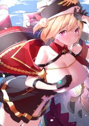 Rule 34 | 1girl, absurdres, azur lane, bare shoulders, blonde hair, blush, breasts, commentary request, cotton kanzaki, gloves, hair bun, hat, highres, large breasts, leipzig (azur lane), looking at viewer, open mouth, purple eyes, retrofit (azur lane), rigging, short hair, single hair bun, solo, thighhighs