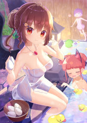Rule 34 | 4girls, alternate hairstyle, animal ear fluff, animal ears, bad id, bad pixiv id, bamboo, bird wings, black wings, blunt bangs, blush, bowl, breasts, brown hair, cat ears, cat girl, cleavage, closed eyes, closed mouth, collarbone, commentary, commentary request, eating, egg, egg (food), eyes visible through hair, food, green hair, green ribbon, hair between eyes, hair bun, hair ornament, hair ribbon, hairpin, hardboiled egg, highres, holding, holding food, jewelry, kaenbyou rin, kiramarukou, komeiji koishi, komeiji satori, large breasts, looking at viewer, medium breasts, multiple girls, naked towel, necklace, onsen, open mouth, partially submerged, pink hair, pink towel, purple ribbon, radiation symbol, red eyes, red hair, reiuji utsuho, ribbon, rubber duck, short hair, single hair bun, sitting, slipping, solo focus, sweat, third eye, touhou, towel, unyu, wet towel, white towel, wings