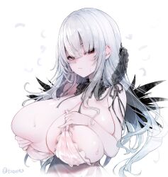 Rule 34 | 1girl, areola slip, blush, breasts, closed mouth, commentary request, grey hair, highres, huge breasts, long hair, looking at viewer, red eyes, rozen maiden, see-through, simple background, solo, suigintou, tousen, twitter username, upper body, white background